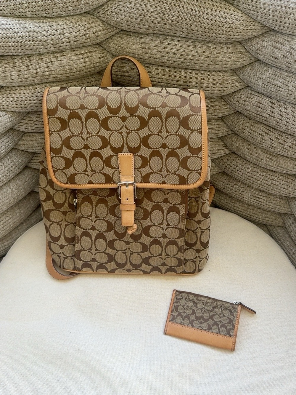 Vintage Coach Signature Jacquard Backpack + Matching Mini Skinny Wallet